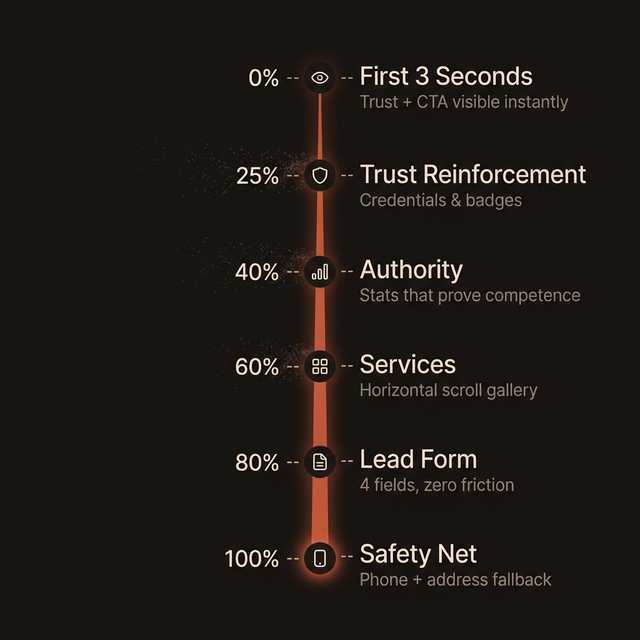 Conversion funnel showing scroll depth stages from hero to form submission