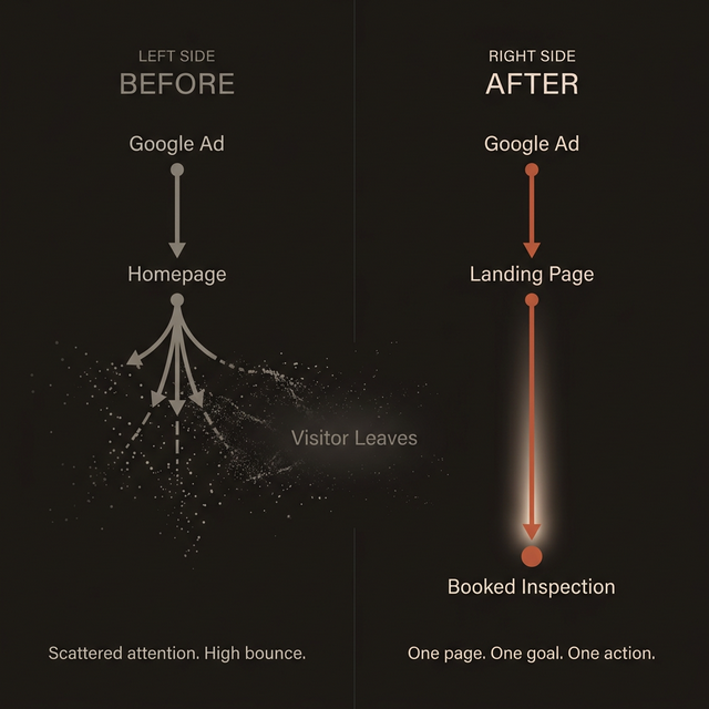 Before and after comparison showing generic homepage vs. focused landing page